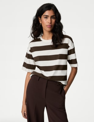 

Womens M&S Collection Pure Cotton Striped Boxy T-Shirt - Brown Mix, Brown Mix