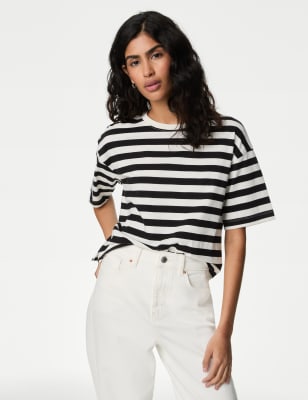 

Womens M&S Collection Pure Cotton Striped Boxy T-Shirt - White Mix, White Mix