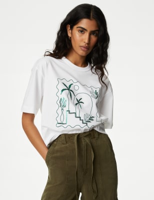 

Womens M&S Collection Gemustertes T-Shirt aus reiner Baumwolle in Übergröße - White/Green, White/Green