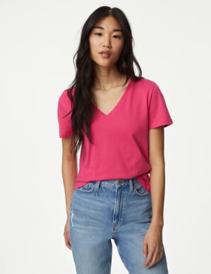 

Womens M&S Collection T-Shirt aus reiner Baumwolle mit V-Ausschnitt - Pink, Pink