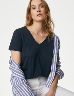 

M&S Collection Camiseta básica 100% algodón de escote en picoWomens - Navy, Navy