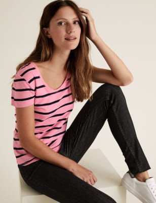 

Womens M&S Collection Pure Cotton Striped Scoop Neck T-Shirt - Pink Mix, Pink Mix