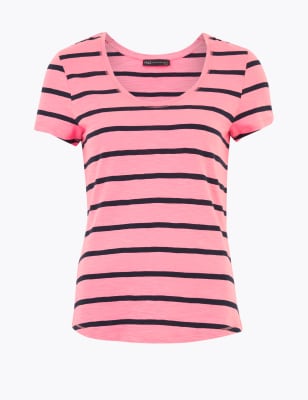 

Womens M&S Collection Pure Cotton Striped Scoop Neck T-Shirt - Pink Mix, Pink Mix