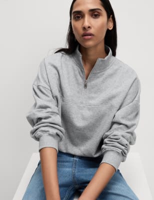 

Womens M&S Collection Cotton Rich Half Zip Sweatshirt - Grey Marl, Grey Marl