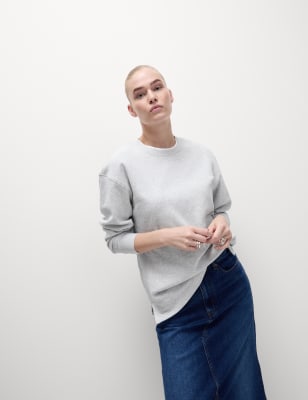 

Womens M&S Collection Cotton Rich Crew Neck Longline Sweatshirt - Grey Marl, Grey Marl