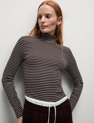 

Womens M&S Collection Cotton Rich Striped Funnel Neck Top - Brown Mix, Brown Mix