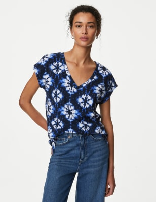 

Womens M&S Collection Cotton Rich V-Neck Printed Longline T-Shirt - Blue Mix, Blue Mix