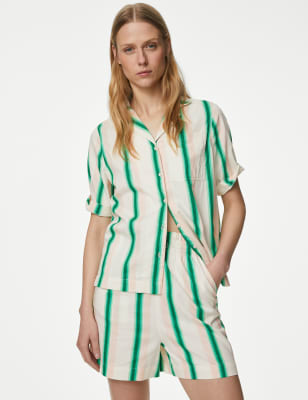 

Marks & Spencer Cotton Rich Striped Collared V-Neck Shirt (FEMALE, GREEN MIX, 6-REG)