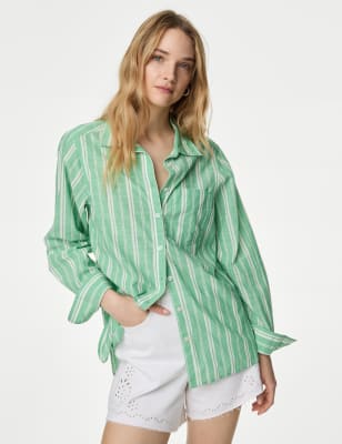 

Womens M&S Collection Pure Cotton Striped Shirt - Green Mix, Green Mix
