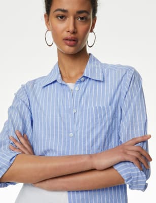 

Womens M&S Collection Pure Cotton Striped Shirt, White Mix