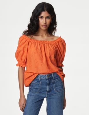 

Womens M&S Collection Pure Cotton Broderie Square Neck Top - Orange, Orange