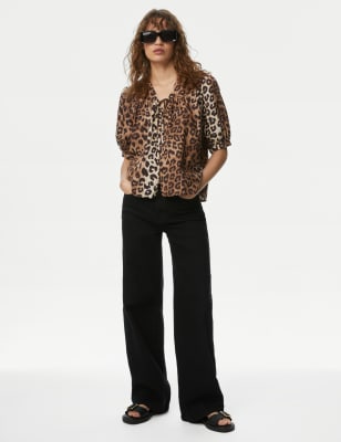 

Womens M&S Collection Pure Cotton Animal Print V-Neck Blouse - Brown Mix, Brown Mix