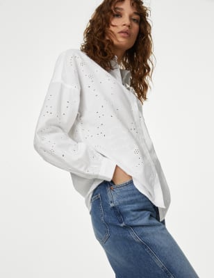 

Womens M&S Collection Hemd aus reiner Baumwolle mit Lochstickereidetail und Kragen - Soft White, Soft White