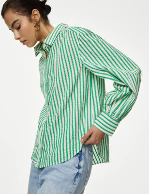 

Womens M&S Collection Gestreiftes Hemd aus reiner Baumwolle mit Kragen - Green Mix, Green Mix