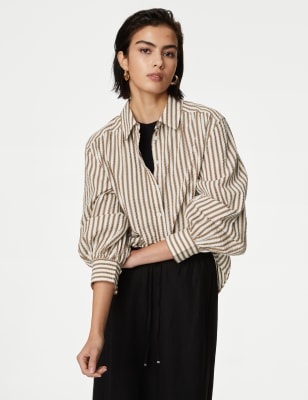 

Womens M&S Collection Pure Cotton Striped Collared Shirt - Brown Mix, Brown Mix