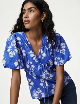 

M&S Collection Blusa de escote en pico 100% algodón estampadaWomens - Blue Mix, Blue Mix