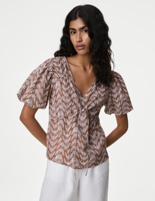 

Womens M&S Collection Pure Cotton Printed V-Neck Blouse - Brown Mix, Brown Mix