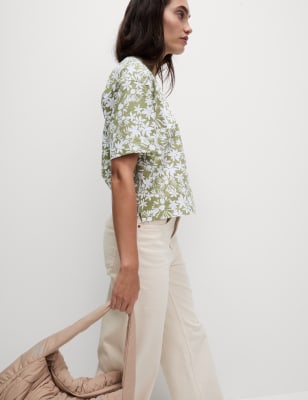 

Womens M&S Collection Pure Cotton Floral T-Shirt, Green Mix