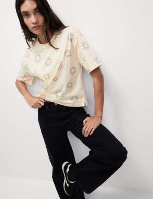 

Womens M&S Collection Pure Cotton Floral T-Shirt, Cream Mix