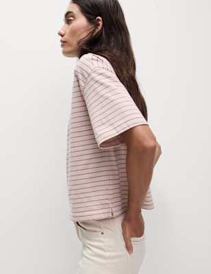 

Womens M&S Collection Pure Cotton Relaxed Striped Boxy T-Shirt, Pink Mix