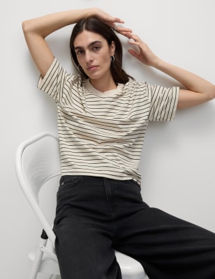 

Womens M&S Collection Pure Cotton Relaxed Striped Boxy T-Shirt, Natural Mix