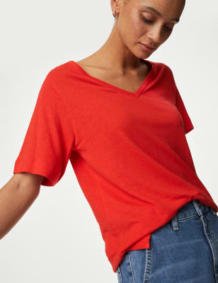 

Womens M&S Collection Linen Blend V-Neck Top - Flame, Flame