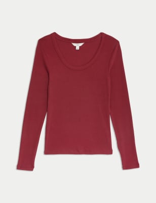 

Womens M&S Collection Cotton Rich Ribbed Scoop Neck Top - Dark Red, Dark Red