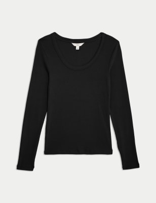 

Womens M&S Collection Cotton Rich Ribbed Scoop Neck Top - Black, Black