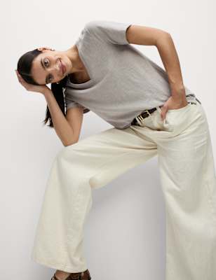 

Womens M&S Collection Pure Cotton V-Neck T-Shirt, Light Beige