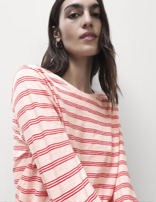 

Womens M&S Collection Gestreiftes Oberteil aus reiner Baumwolle in normaler Passform - Pink Mix, Pink Mix