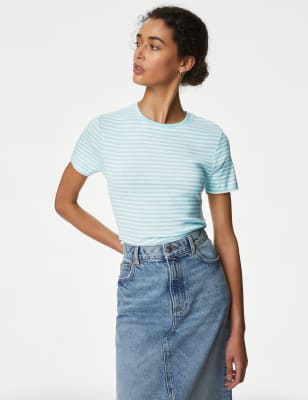 

Womens M&S Collection Pure Cotton Striped Slim Fit T-Shirt - Blue Mix, Blue Mix