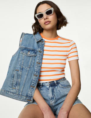 

Womens M&S Collection Schmal geschnittenes T-Shirt aus reiner Baumwolle mit Streifenmuster - Orange Mix, Orange Mix