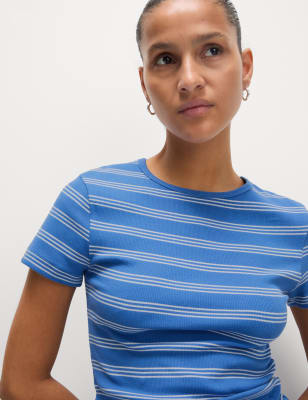 

Womens M&S Collection Cotton Rich Striped Ribbed T-Shirt - Blue Mix, Blue Mix