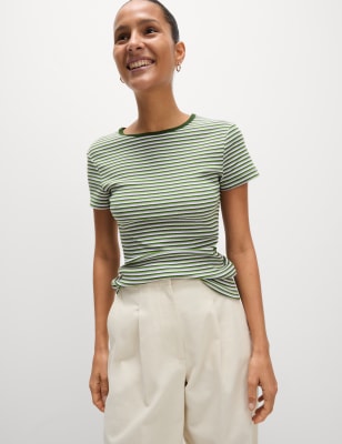 

Womens M&S Collection Cotton Rich Striped Ribbed T-Shirt - Green Mix, Green Mix