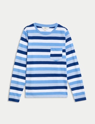 

Womens M&S Collection Pure Cotton Striped Pocket T-Shirt - Blue Mix, Blue Mix