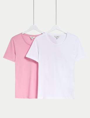 

Womens M&S Collection 2pk Pure Cotton Crew Neck Regular Fit T-Shirts - Pink/White, Pink/White