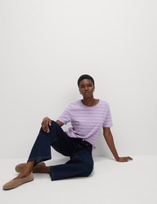 

Womens M&S Collection Gestreiftes T-Shirt aus reiner Baumwolle in normaler Passform - Purple Mix, Purple Mix
