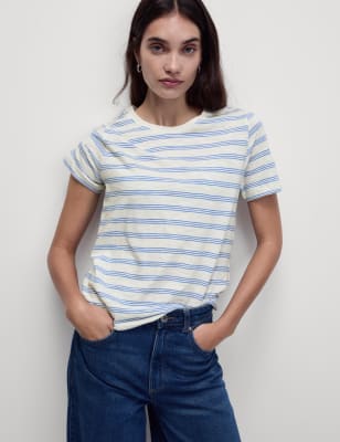 

Womens M&S Collection Pure Cotton Striped Regular Fit T-Shirt - White Mix, White Mix