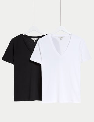 

Womens M&S Collection 2er-Pack T-Shirts aus reiner Baumwolle mit V-Ausschnitt - Black/White, Black/White