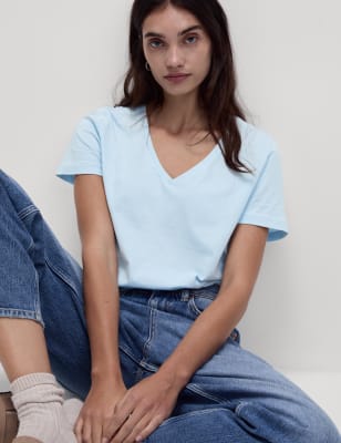 

Womens M&S Collection Pure Cotton V-Neck T-Shirt, Ice Blue