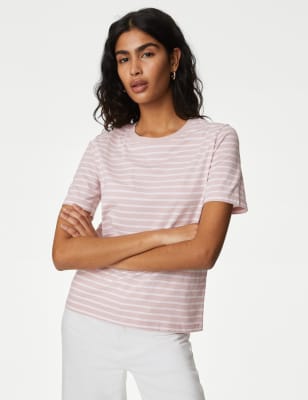 

Womens M&S Collection Pure Cotton Striped Everyday Fit T-Shirt - Pink Mix, Pink Mix