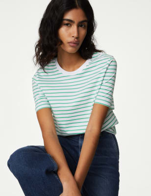 

Womens M&S Collection Pure Cotton Striped Everyday Fit T-Shirt - Leaf Mix, Leaf Mix