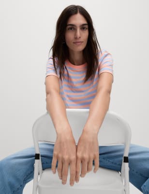 

Womens M&S Collection Pure Cotton Striped Everyday Fit T-Shirt, Apricot Mix