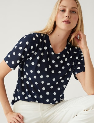 

Womens M&S Collection Gemustertes T-Shirt mit Rundhalsausschnitt und bequemer Passform - Dark Navy Mix, Dark Navy Mix
