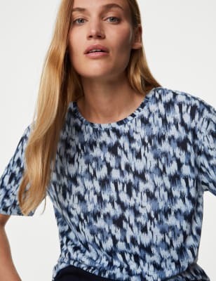 

Womens M&S Collection Printed Crew Neck Relaxed T-Shirt, Midnight Mix