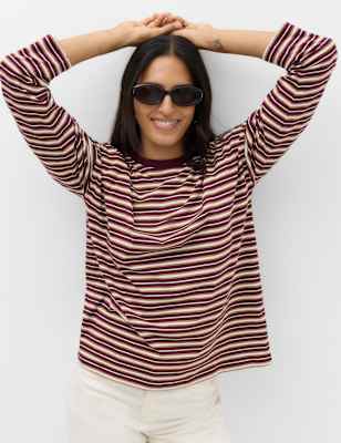 Womens M&S Pure Cotton Relaxed Top, Burgundy Mix