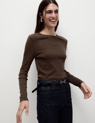 

Womens M&S Collection Cotton Rich Ribbed Top - Dark Chocolate, Dark Chocolate