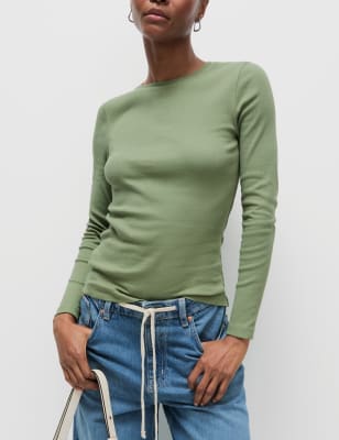 

Womens M&S Collection Cotton Rich Ribbed Top - Bright Sage, Bright Sage