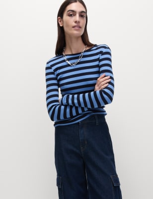 

Womens M&S Collection Cotton Rich Striped Ribbed Top - Dark Blue Mix, Dark Blue Mix