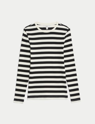 

Womens M&S Collection Cotton Rich Striped Ribbed Top - White Mix, White Mix